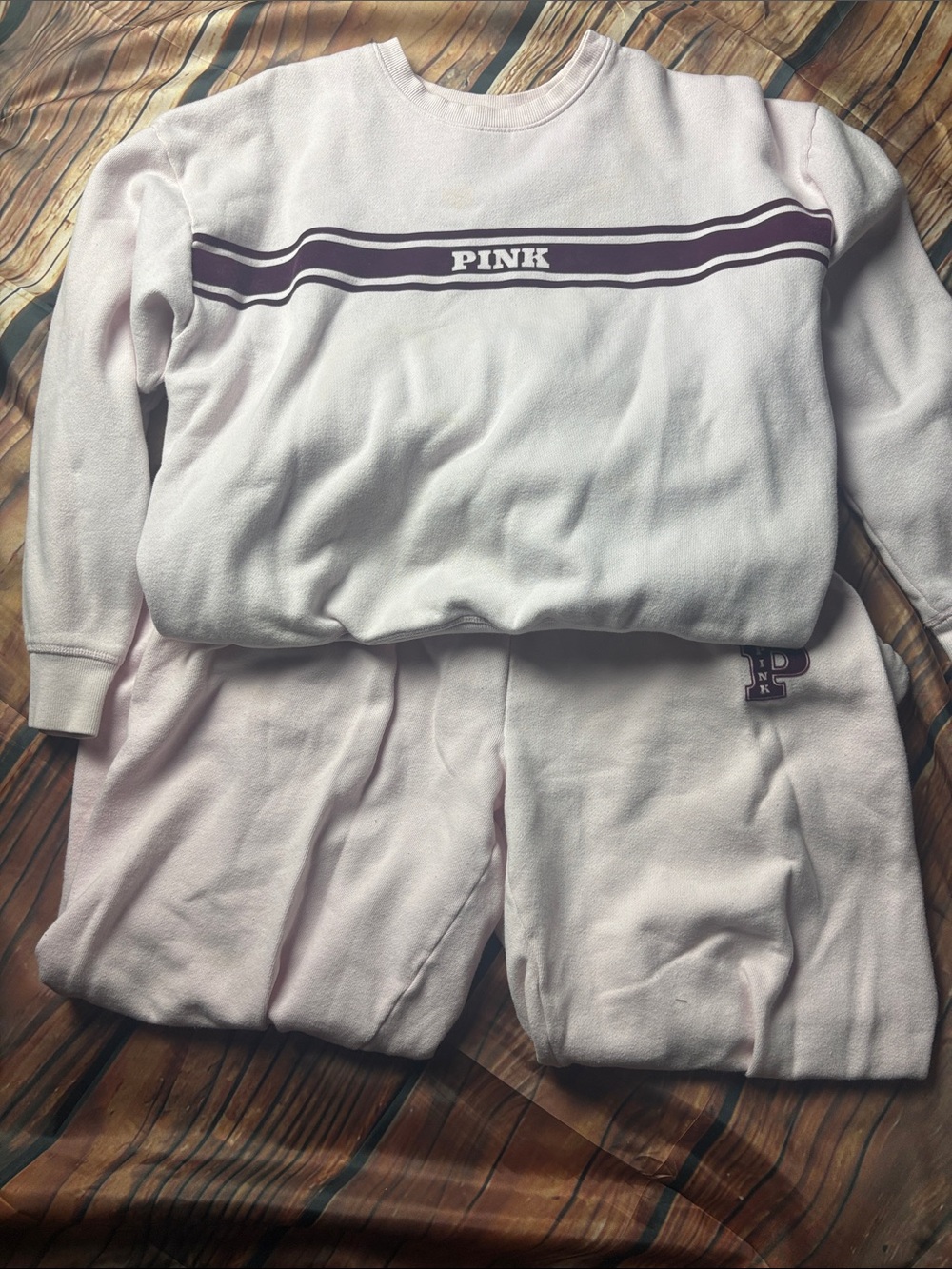 PINK Victoria's Secret Light Pink Pajama Set with Purple Stripe Logo